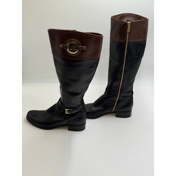 Michael Kors · 7M · Tall Riding Boots · Genuine Leather · Black/Brown · Gold MK - Picture 2 of 13